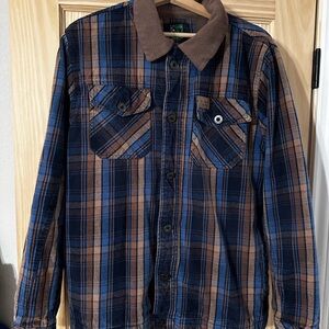 Men's Blue and Brown Flannel Casual Button Down Shirt fleece lined